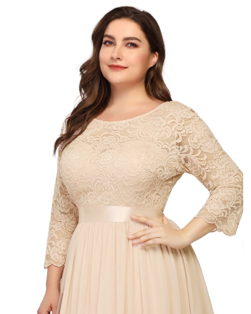 Side of a model wearing a size 18 See-Through Floor Length Lace Evening Dress in Blush by Ever-Pretty. | dia_product_style_image_id:291235